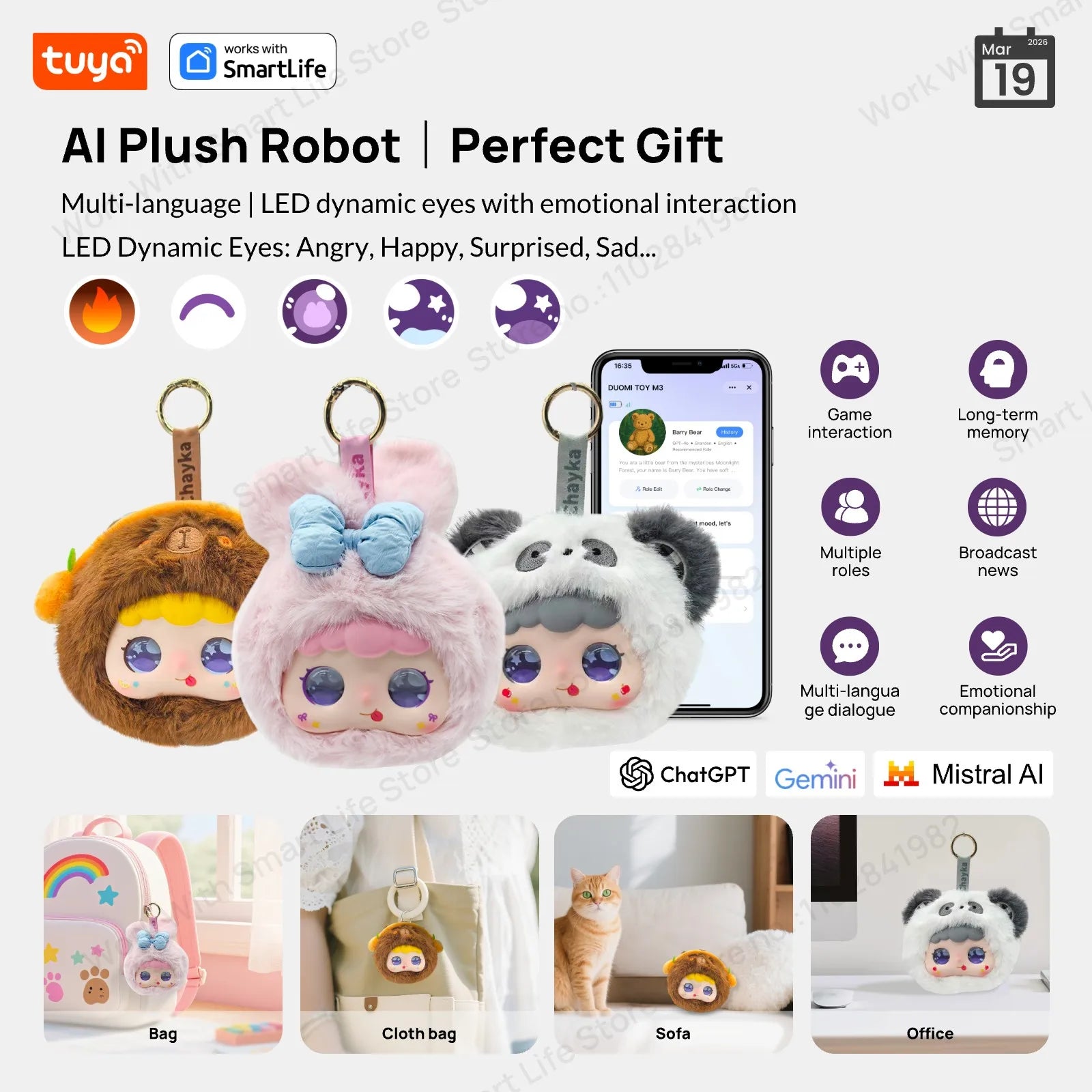 Tuya Smart  AI Plush Robot w/LED Eyes & Voice Control,Interactive Smart Toy USB Rechargeable Companion for Kids Gifts/Smart Home